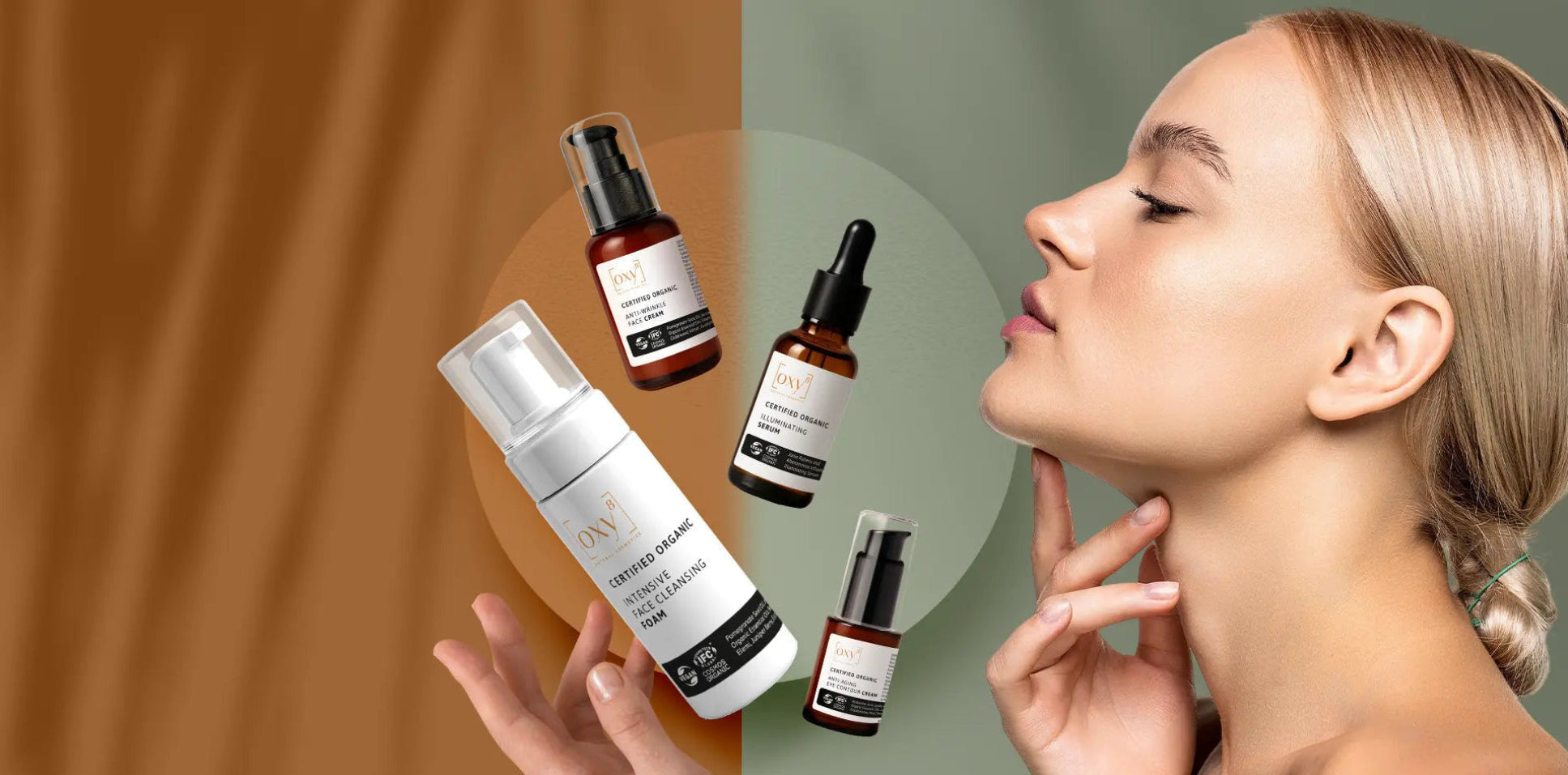 OXY8 yüz bakım ürünleri kullanan kadın modeli – doğal ve organik sertifikalı cilt bakım serisi
